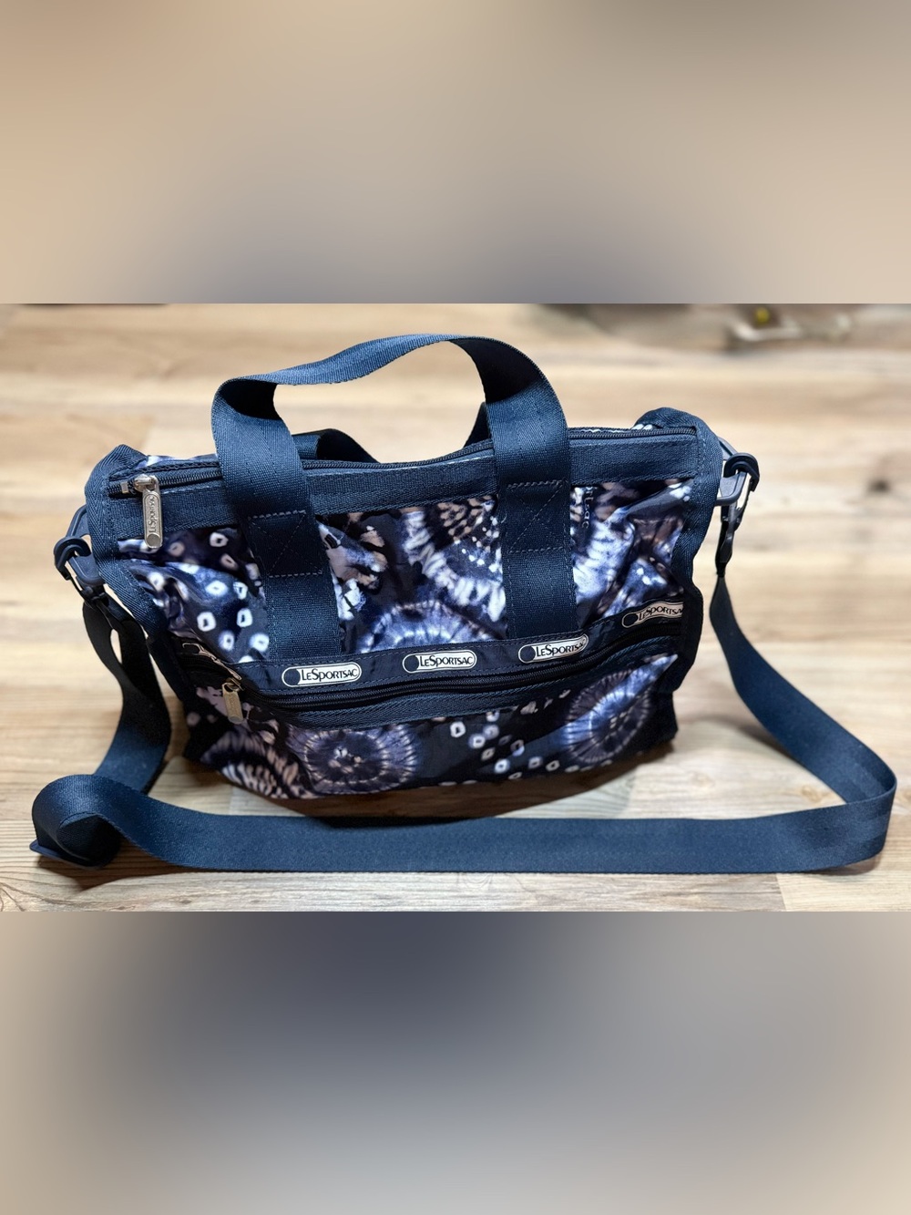 LeSportsac Navy and White Tie-Dye Shoulder Tote